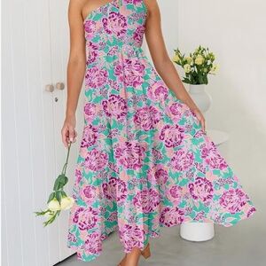 Pink and Turquoise floral one shoulder maxi dress